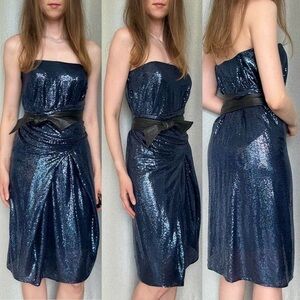 Alexander Wang Sequin Navy Blue Strapless Knee Belted Dress S (4)